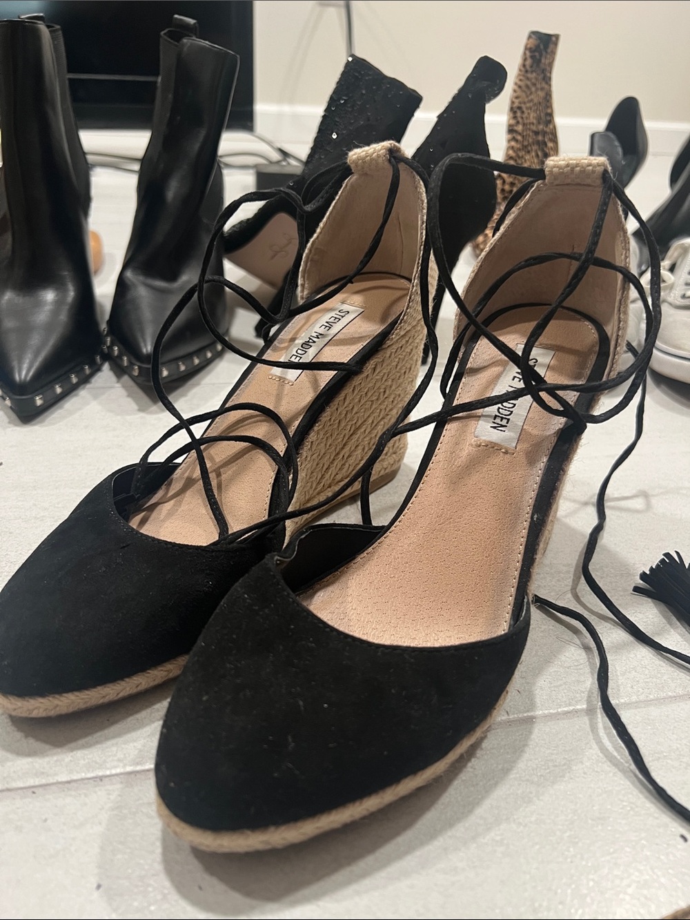 Steve Madden Black Lace-Up Espadrille Wedge Shoes